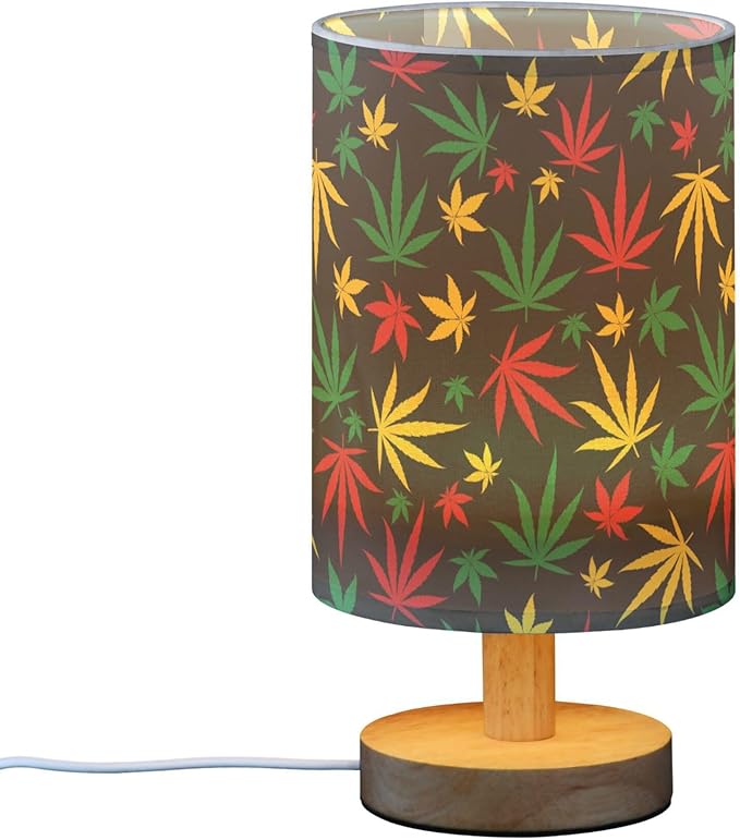 Table Lamp Colorful Marijuana Cannabis Hemp Leaf Red Yellow Green Color Print Nightstand Lamp with Wood Base Fabric Lamp Shade Bedside Desk Lamp for Living Room Bedroom Kids Room Office