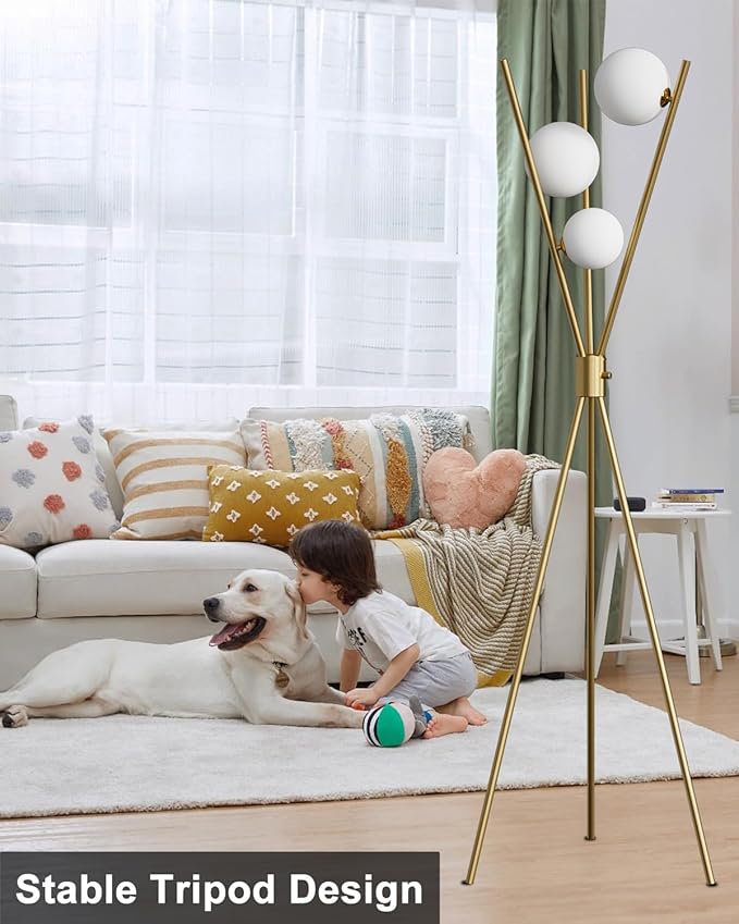 3 Globe Dimmable Tripod Floor Lamp, Mid Century Standing Lamps with 3Pcs 3000K Bulbs Included, Modern Tall Lamp for Living Room Bedroom Office-Gold