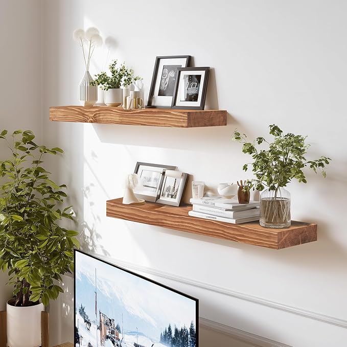 24x8x1.6 inch Floating Shelves Set of 2 – Solid Wood Rustic Oak Wall Mounted Shelf for Kitchen, Bathroom, Living Room