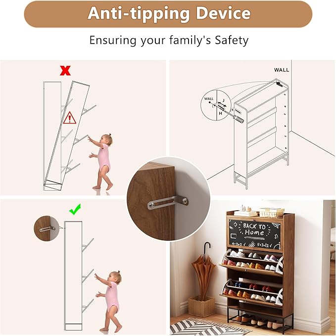 AVZEAR Narrow Shoes Cabinet with 3 Flip Drawers, Free Standing Shoe Racks Organizer Farmhouse Tipping Bucket with Blackboard, Entryway Hallway Storage, Walnut