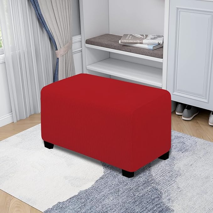 Easy-Going Stretch Ottoman Cover Folding Storage Stool Furniture Protector Soft Rectangle Slipcover with Elastic Bottom (Ottoman Small, Christmas Red)