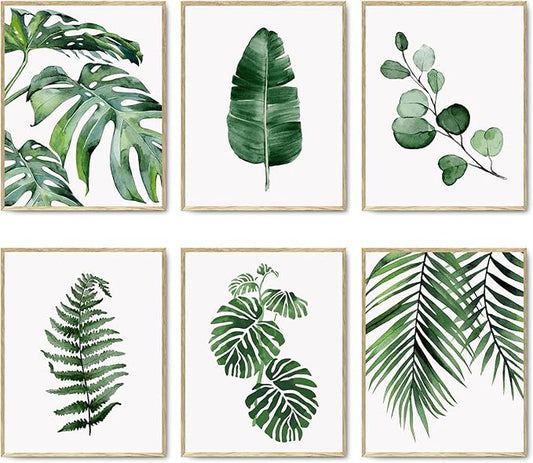 HoozGee Green Botanical Wall Art Print Set of 6 Natural Plant Leaves Home Decor Boho Leaf Bathroom Wall Art Canvas Plant Posters Leaf Art Prints Poster Set Room Decor (8"x10" UNFRAMED)