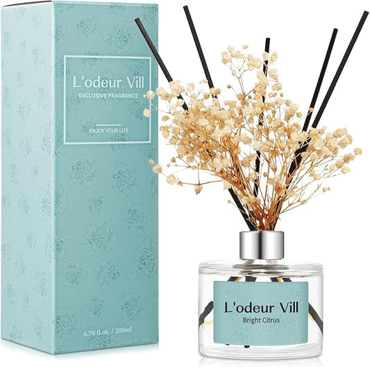 L'odeur Vill Reed Diffuser Set, 6.7 oz(200ml) Bright Citrus Scented Diffuser with 6 Oil Diffuser Sticks, Home Fragrance Essential Oil Reed Diffuser for Home Large Rooms Bathroom Shelf Decor