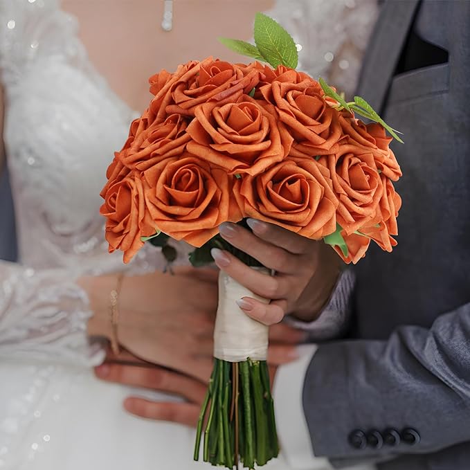 50PCS Artificial Flowers Burnt Orange Roses Real Looking Foam Fake Roses with Leaves and for DIY Wedding Bouquets Bridal Shower Centerpieces Party Decorations (Burnt Orange)