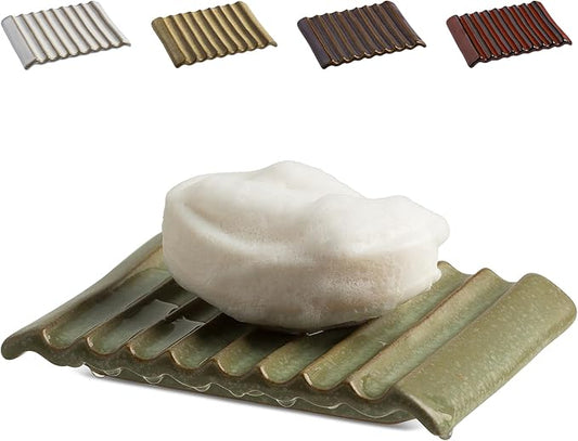 Soap Holder Soap Dish, Ceramic Soap Saver Bar Soap Tray Non-Slip Bathroom Accessories for Soap, Sponges, Scrubber, Razor, Green