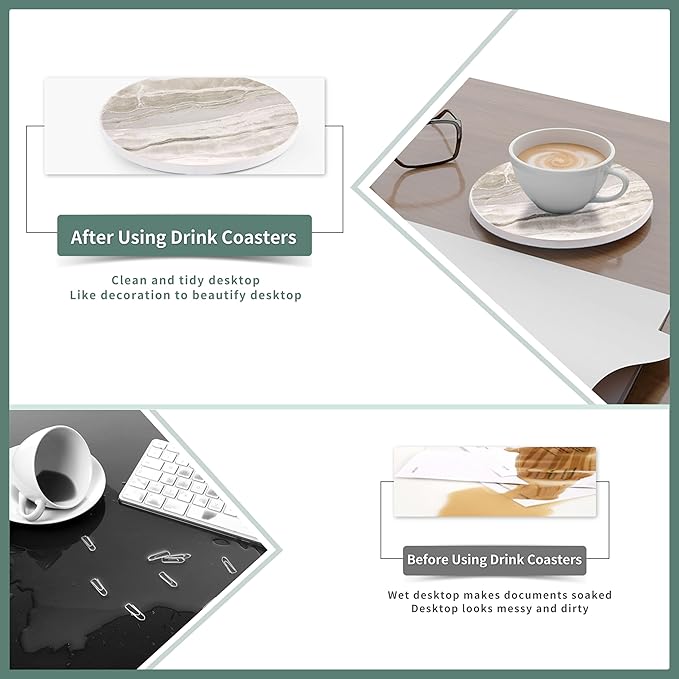 Marble Coasters for Coffee Table, Set of 6 with Holder, Ink&Wash Painting on White Absorbent Ceramic, 4 Inches