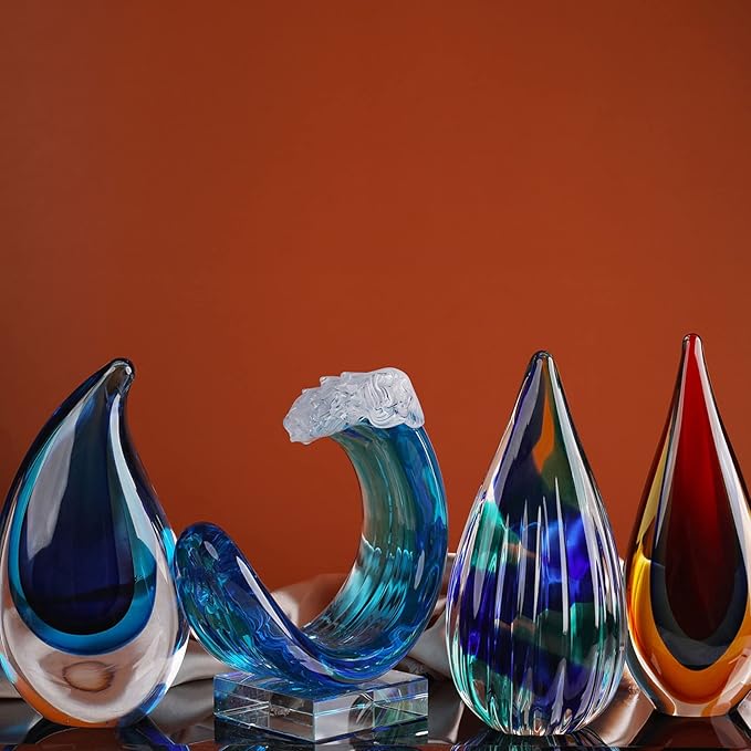 Hand-Blown Glass Wave Decor Murano-Style Glass Statue and Figurine
