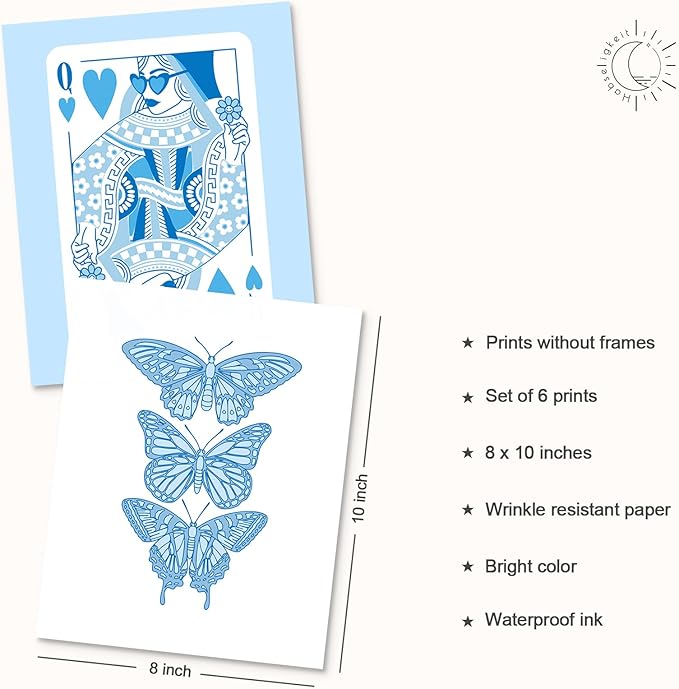 Habseligkeit Cute Blue Wall Art Prints, Butterfly Wall Decors for Room Aesthtic, Abstract Posters for Girls' Bedroom Wall Decor Aesthetic Unframed, 8X10in, Set of 6