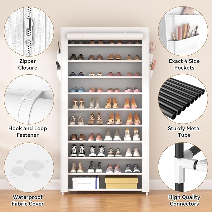 ROJASOP Shoe Rack with Covers 10 Tier Large Shoe Organizer Tall Shoe Closet Storage for 50-55 Pairs Shoe and Boot, Free Standing Shoe Rack Organizer for Closet, Entryway, Bedroom, White