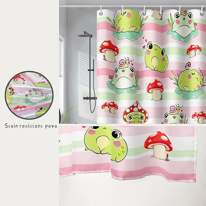 AILONEN Cute Frog Shower Curtain, Cartoon Mushroom Frog Printed Shower Curtain, 36" W*72" H Waterproof Green Wild Animals Kawaii Curtain with Grommets and 12 Hooks