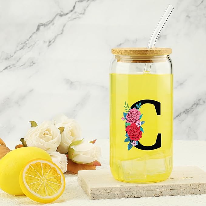 Gifts for Women, 16OZ Initial Glass Cups w/Lid Straw, Flower Tumbler, Aesthetic Cup, Monogrammed Iced Coffee Cup, Mother's Day, Birthday, Summer Break Gifts for Mom Daughter Sister Friend - Letter C