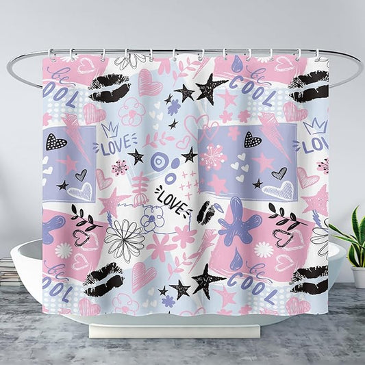AILONEN Love Lipstick Shower Curtain,Stars with Flowers Theme Waterproof Fabric Shower Curtain Set for Girls Boys Kids Teens, 36" W*72" H Purple Graffiti Shower Curtain Set