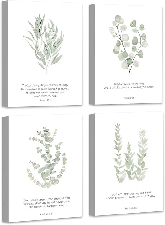 FRAMED Inspirational Scripture Canvas Wall Art,Motivational Christian Wall Art,Bible Verses Wall Decor,Bible Verse Art Prints,Light Green Botanical Painting Picture,Set of 4,8”x 10”