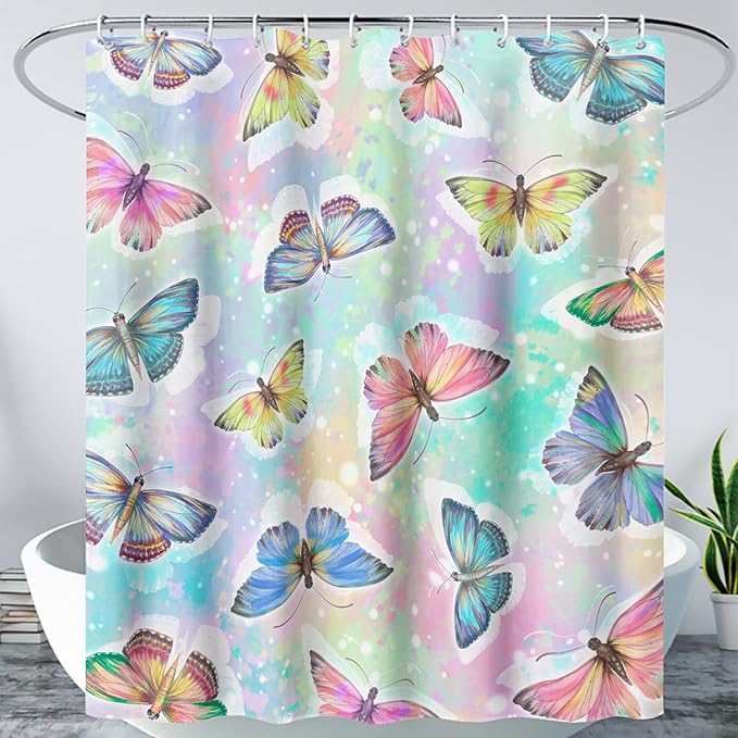 AILONEN Butterfly Shower Curtain,Rainbow Butterfly Bath Curtain,Modern Tie Dye Butterfly Art Decorative Shower Curtain with 12 Plastic Hooks (Kids/Girls/Women/Teen/) 72" W*84" H