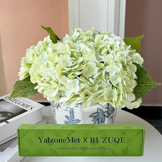 YalzoneMet 4Pcs Light Green Hydrangea Artificial Flower Natural Lifelike Real 21 inch Long Stem Hydrangea Latex Flower Bouquets for Home Party Outdoor Wedding Table Centerpiece Decor