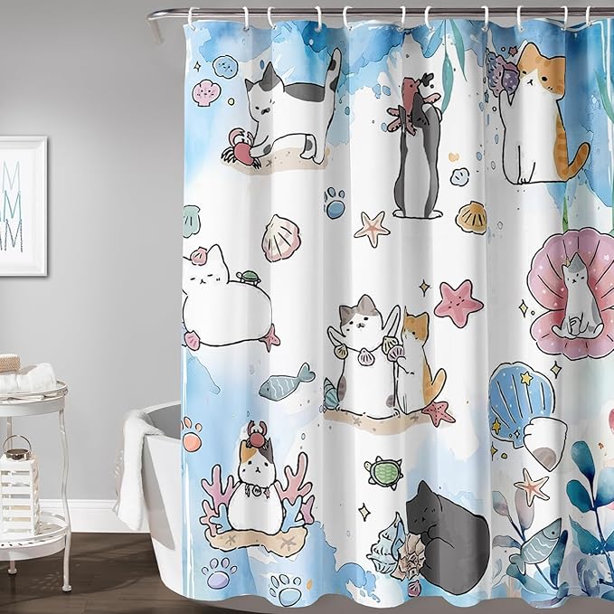 AILONEN Watercolor Cat Shower Curtain for Bathroom, Cute Cat Princess Shell Waterproof Bath Curtain,Cat Lover Minimalist White Curtain with 12 Plastic Hooks(36" W*72" H)