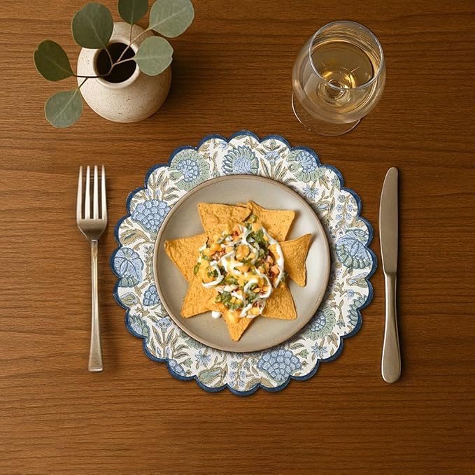 Ridhi Bo-ho Round Place Mat Easter Floral Cotton Washable Placemats 15" Round Embroidery Block Print Table Mat (Pack of 4-15 Inch Round, Asparagus Green)