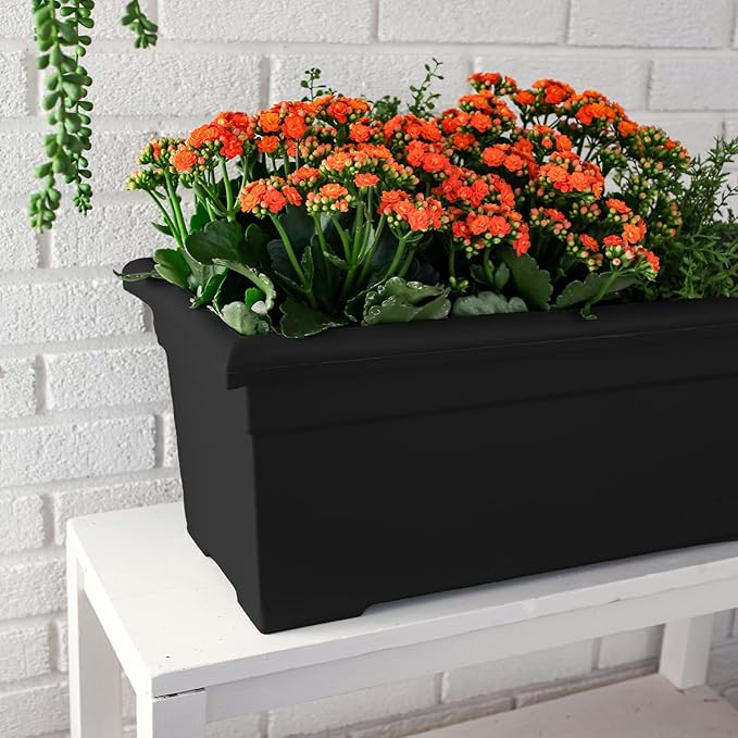 The HC Companies 28 Inch Romana Large Rectangular Planter Box - Lightweight Plastic Outdoor Plant Pot with Drainage for Decks, Patio, Pool, Black