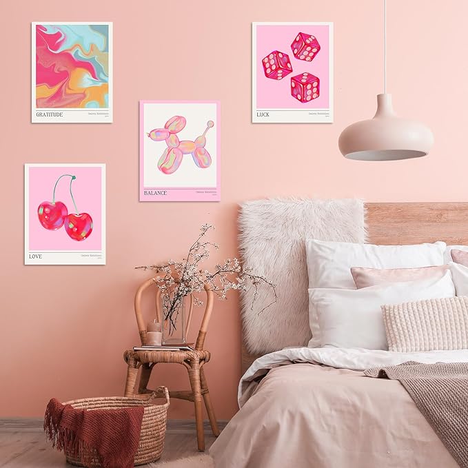 Habseligkeit Pink Cherry Wall Art Prints, Cute Wall Decors for Room Aesthtic, Posters for Girls Bedroom Decor Aesthetic Unframed, 11X14in, Set of 6