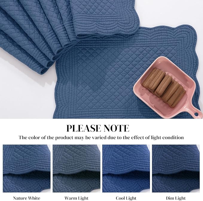 HOMBYS Quilted Placemats Set of 6 Washable-13x18 inches Rectangular Placemats for Kitchen Table-100% Cotton Fabric Rectangular Table Mats, (Sapphire Blue)