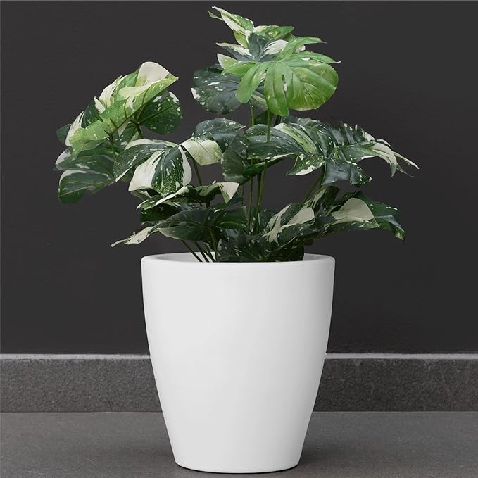 Elly Décor 12 inch Planter for Garden with Drainage, Large Round, Lightweight & Extremely Durable, Deck Indoor/Outdoor Plastic Pot, 12"x12"x7", White