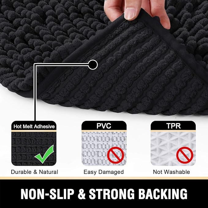 H.VERSAILTEX Bathroom Rugs Bath Mats Non Slip Chenille Bathroom Runner Rug 47x17 Extra Soft and Absorbent Shaggy Rugs Washable Dry Fast Plush Area Carpet Mats for Bath Room, Tub - Black