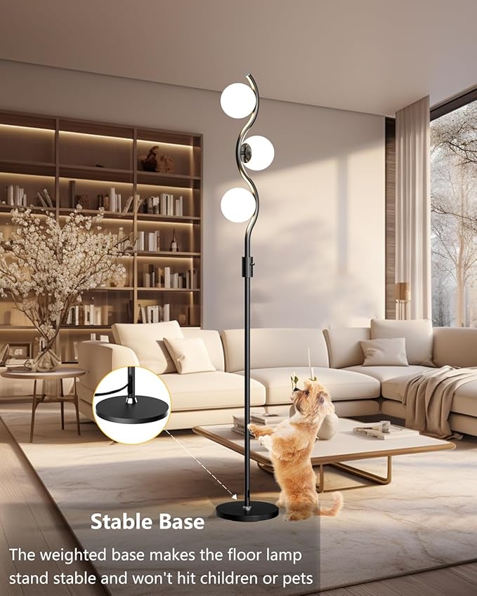 60IN Dimmable (Brightness Adjustable) Black Floor Lamp, Modern Standing Lamps with 3 Globe Soft Warm White 3000K Bulbs, Mid Century Floor Lamp for Living Room Bedroom Home Decor