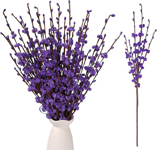 10Pcs 17.5'' Purple Flowers Jasmine Fake Flowers, Faux DIY Floral Art with Pussy Willow Branches for Wedding Bouquets Home Office Table Centerpieces Birthday Halloween Party Decorations