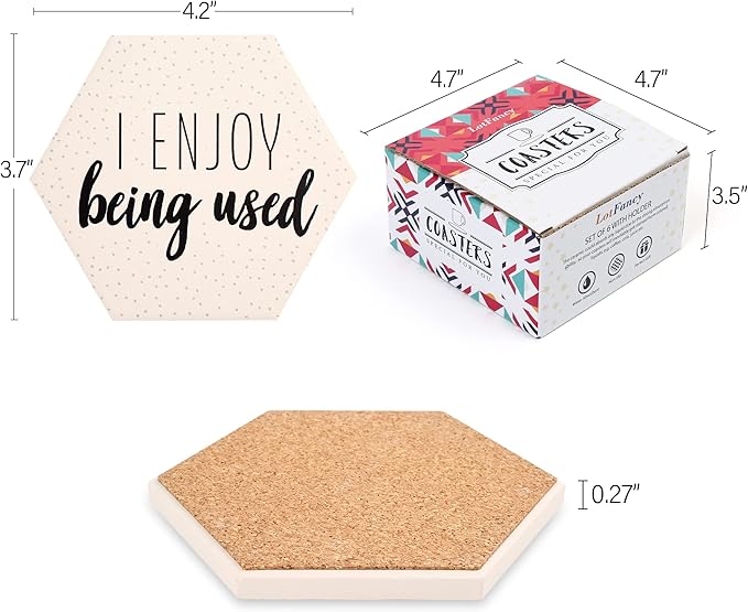 LotFancy Funny Drink Coasters with Holder, 6PCS Absorbent Ceramic Coasters, Hexagon Set, Non-Slip, Bar Room Decor