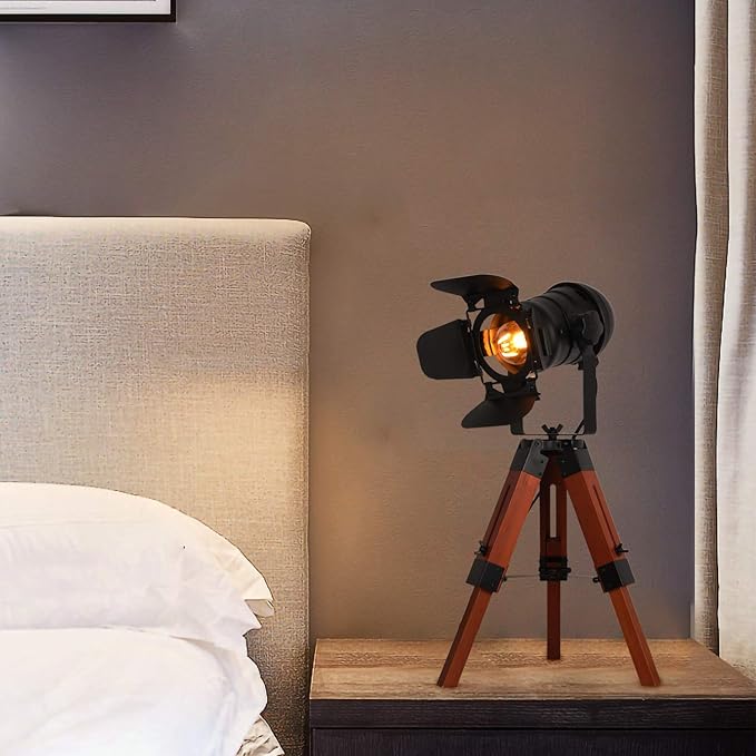 Industrial Tripod Wood Table Lamp for Bedside, Farmhouse Adjustable Height Retro Desk Lamp for Living Room Rotataion Vintage E26 Standing Lighting for Bedroom
