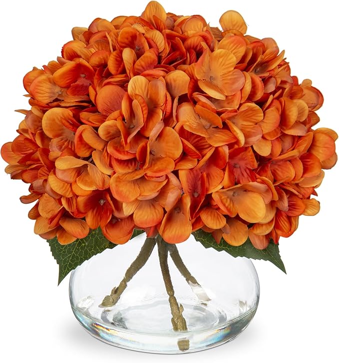 Hydrangea Artificial Flowers with Vase Fall Decor Orange Silk Fake Flowers Arrangements in Glass Vase with Faux Water Autumn Festival Floral Bulk Bouquet for Wedding Party Centerpiece Home Decorations