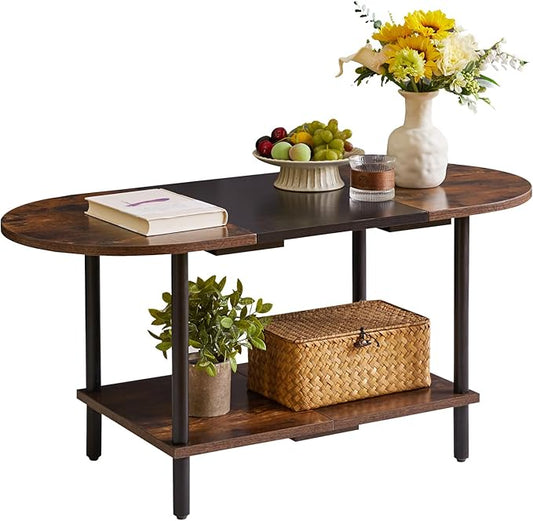 Mid Century Modern Coffee Table, Rustic Coffee Table Unique Color Contrast Design, 2-Tier Center TV Table 35x16x17in Rustic Brown + Black YD-011BH
