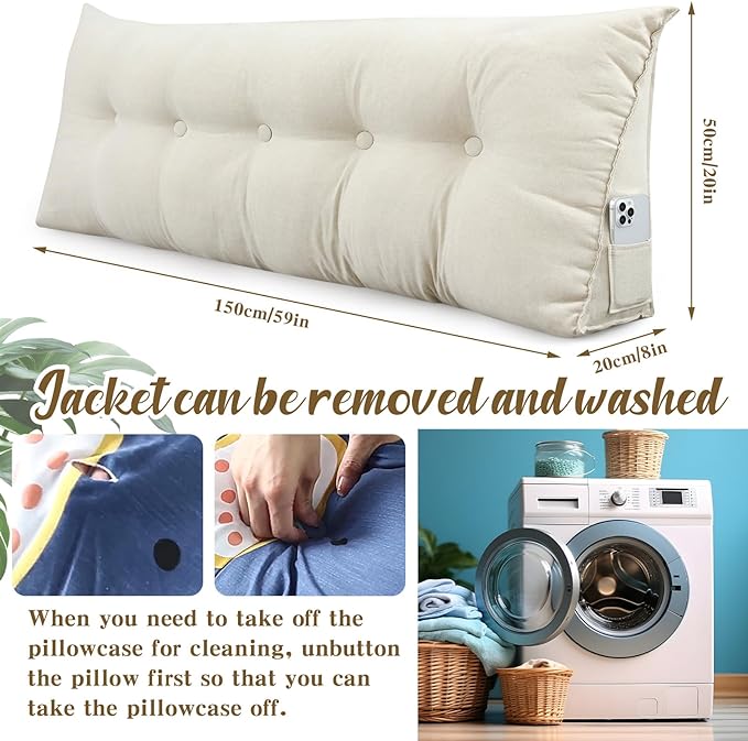 Wenqik Wedge Pillow Triangular Dorm Headboard Bed Rest Reading Backrest Back Support Long Bolster Pillow with Removable Cover for Dorm Room Supplies(Beige,Queen (59 x 20 x 8 Inch))