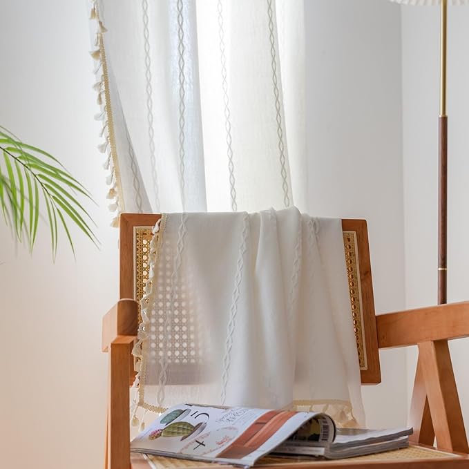 Sutuo Home Boho Curtains 72 Inches Length for Bedroom Living Room,Country Farmhouse Vintage Shabby Chic Tassels Window Treatment Bohemian Embroidery Drape, Rod Pocket 1 Panel 52" W x 72" L, White