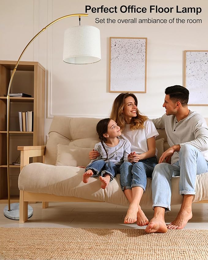 Lightdot Arc Floor Lamps for Living Room, Modern Standing Lamp with Hanging Drum Shade, Tall Standing Floor Lamp with Foot Switch, Over Couch Arched Reading Light for Bedroom, Office (Gold)