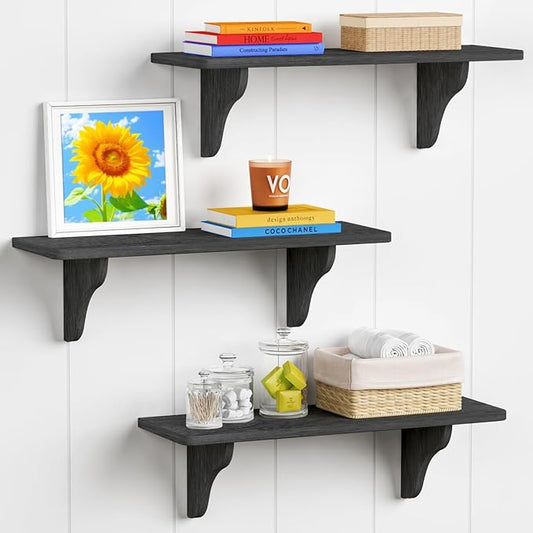 Forbena 24 Inch Black Floating Shelves for Living Room Decor, Decorative Large Arched Wall Shelves for Bedroom Bathroom, Aesthetic Hanging Bookshelf for Closet (Set of 3, Black)