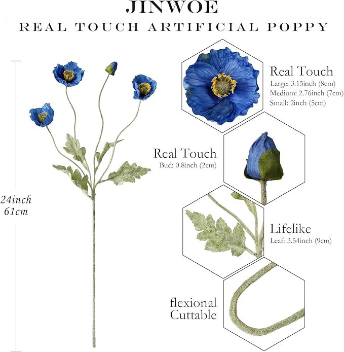 Dark Blue Fake Poppy Stems Flowers for Decoration,6pcs Lifelike Silk Poppy Bouquet for Kitchen Wedding Home Table Cemetery Indoor Outdoor Arrangement