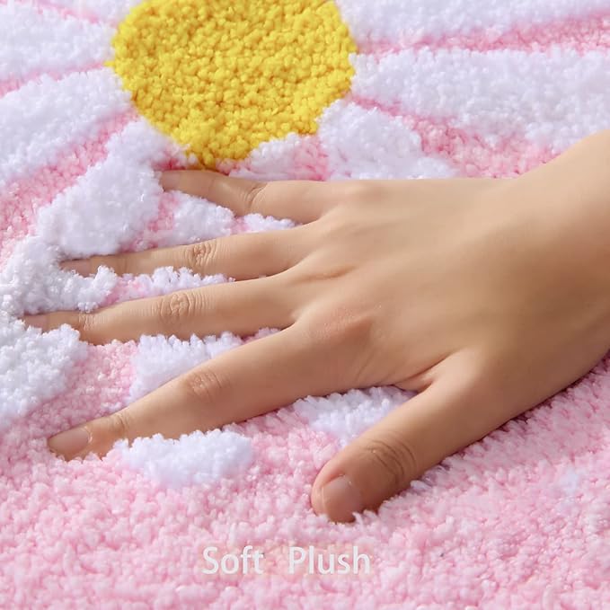 QJHOMO Pink Bathroom Rugs Cute Daisy Bath Mat White and Yellow Flower Decor Rug Non Slip Floor Carpet Microfiber Bathmat Super Absorbent Machine Washable Bathtub Mats for Shower (24x36 inch)
