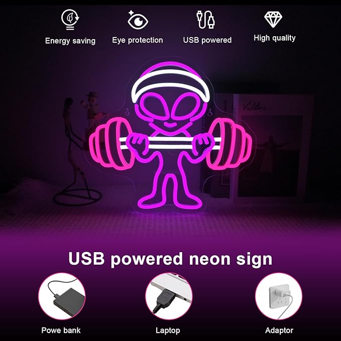 Lucunstar Alien Neon Sign,Dumbbell Gym Led Wall Decor,LED Alien Light,Shop Bar Man Cave,Teen Room,Game Room Decor,Hip Hop Party Neon Signs Wall Decor,Party Bedroom