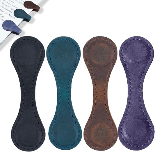 4Pcs Magnetic Bookmarks with Gift Box, Leather Magnetic Bookmarks for Women, Double-Sided Magnetic Book Mark Clip Accessories Gift for Book Lover Father's Day Gift (Black + Blue + Coffee + Purple)