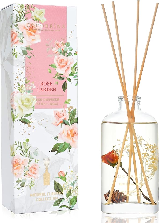 COCORRÍNA Reed Diffuser - Rose Garden 5.41 oz Flower Reed Diffuser Set with Sticks, Bedroom Bathroom Shelf Decor (Scented Blooms Collection)