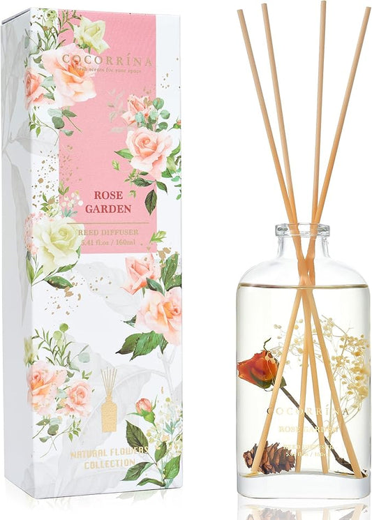 COCORRÍNA Reed Diffuser - Rose Garden 5.41 oz Flower Reed Diffuser Set with Sticks, Bedroom Bathroom Shelf Decor (Scented Blooms Collection)