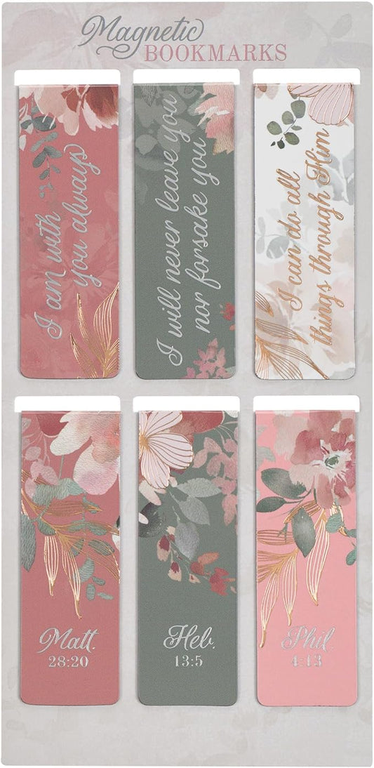 Christian Art Gifts Colorful Inspirational Magnetic Scripture Bookmark Pagemarker Set for Women: Encouraging Bible Verses, Cute Pink, White, Teal Multicolor Floral Theme for Books, Bibles, 6 Piece Set