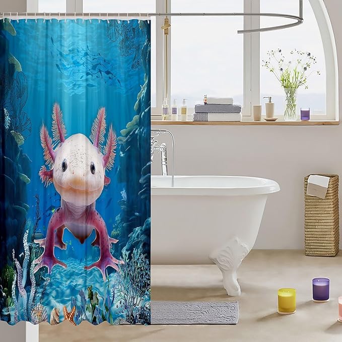 Feelyou Salamander Bathroom Waterproof Accessories with 12 Hooks Under Sea Animals Themed Shower Curtain for Kids Boys Girls Blue Ocean Fabric Shower Curtain Corals and Fish Curtains,72X78 Inches