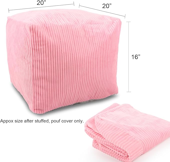 Sexysamba Square Corduroy Pouf Cover Only, 20"x 16" Unstuffed Decorative Ottoman Foot Stool Rest, Washable Storage Bean Bag Chair Floor Pouf Covers for Living Room Bedroom, Pink