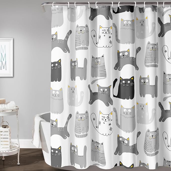 AILONEN Cat Shower Curtain 72" W*96" H Funny Cartoon Cat Grey Printed Bath Curtain Cat Theme Shower Curtain Minimalist Bathroom Curtain Decor Polyester Waterproof Curtain with 12 Hooks