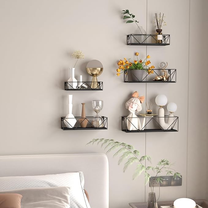 CRUGLA Black Floating Shelves Wall Mounted Set of 5, Hanging Storage Wall Shelf for Bathroom, Bedroom, Living Room, Kitchen