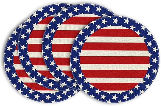 Artoid Mode Watercolor Stripes Stars 4th of July Round Placemats Set of 4,14 Inch Patriotic Memorial Day Table Mats for Party Kitchen Dining Decoration