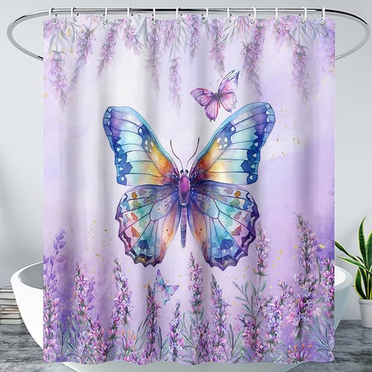 AILONEN Butterfly Shower Curtain for Bathroom, Purple Lavender Bath Curtain Decor,Flower Butterfly Waterproof Shower Curtain with 12 Plastic Hooks (Kids/Girls/Women/Teens) 72" W*96" H
