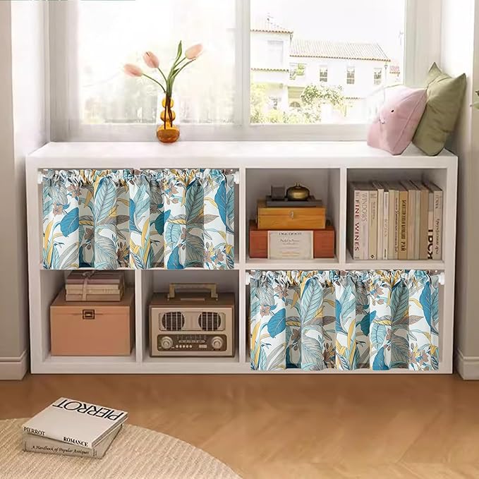 Leeva Leaves Printing Valances for Living Room, 1 Pack Farmhouse Style Small Curtains for Windows 18 Inch Length, Rod Pocket, Lake Blue, 52 x 18